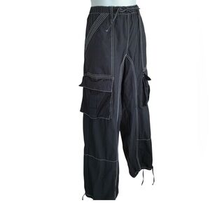 FOREVER 21 Black Cargo Pants with White Topstitch and Flap Pockets. M